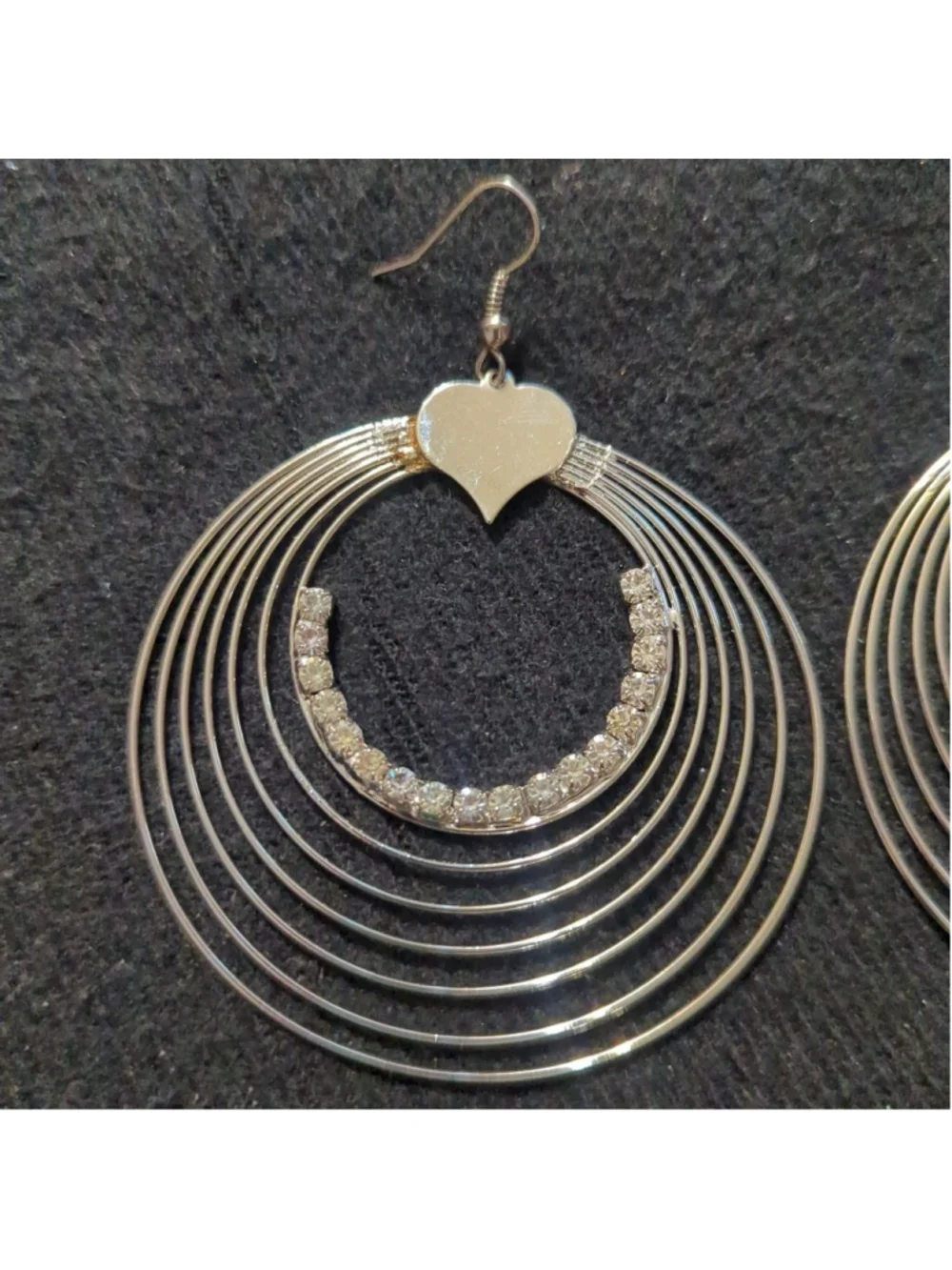Silver Tone Clear Rhinestone Heart Hoop Dangle Statement Earrings